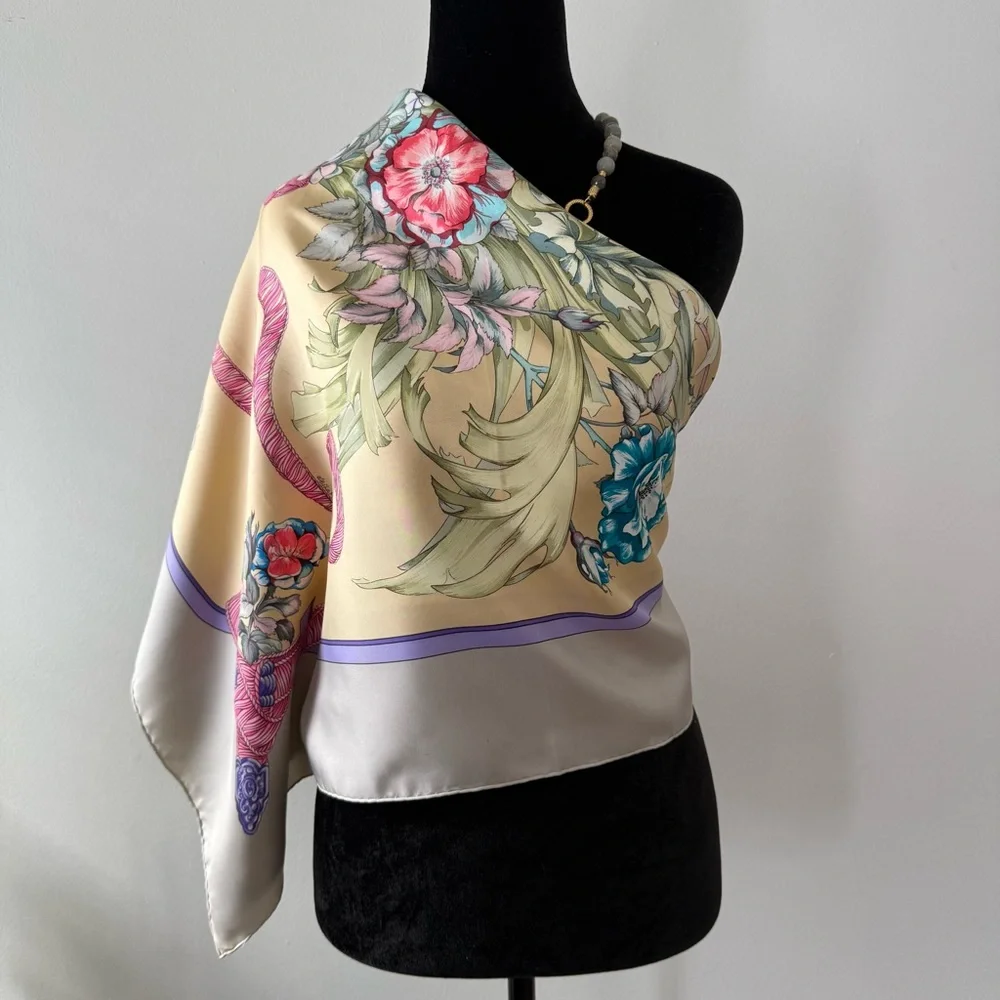 Hermes Floral Bouquet Silk Scarf in Cream Pink Blue